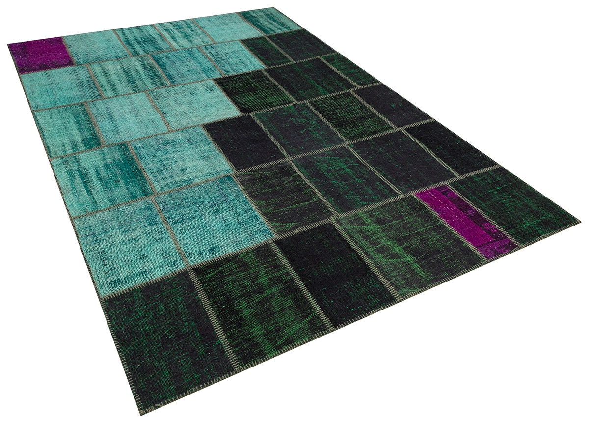 Green Patchwork Rug: Bohemian Handmade Wool Area Rug (6.5x9.8 ft)