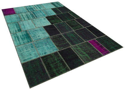 Green Patchwork Rug: Bohemian Handmade Wool Area Rug (6.5x9.8 ft)