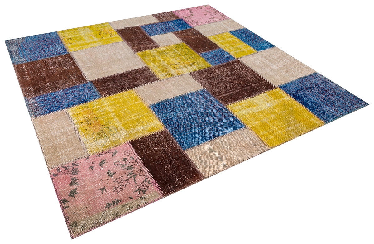 Handmade Wool Patchwork Rug: 7.5x7.5 ft Square Anatolian Rug