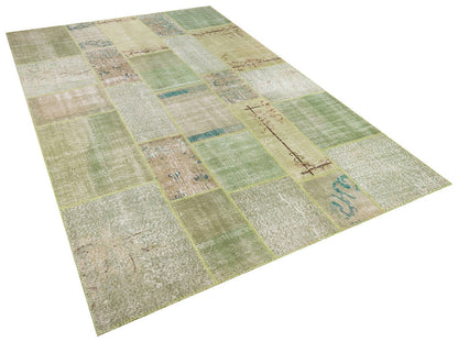 Green Patchwork Wool Rug: Handmade Turkish Bohemian Carpet (6.5x9.8 ft)