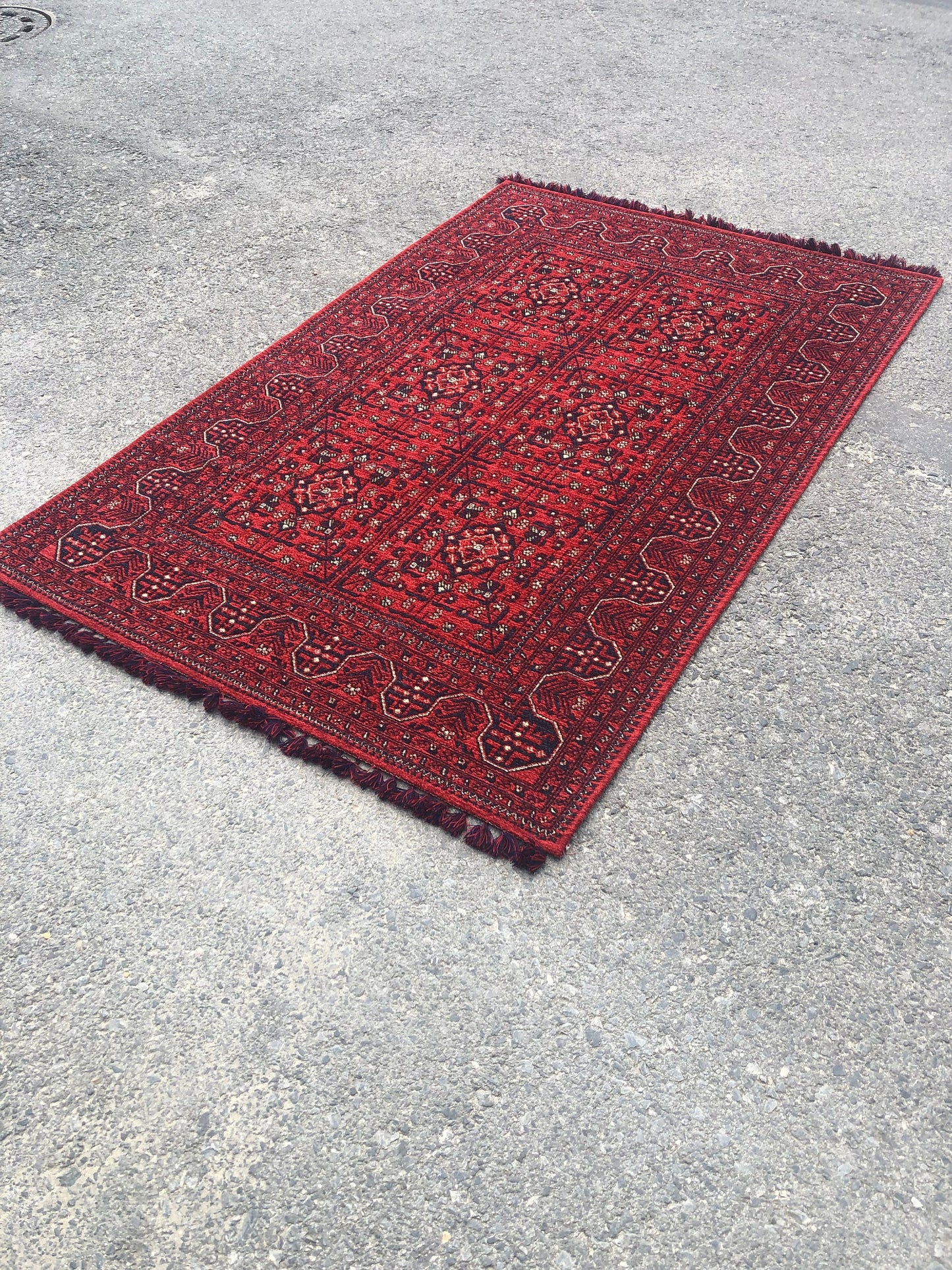 Red Afghan Rug: Traditional Bukhara Oriental Chenille Rug (3.9 x 5.9 FT)