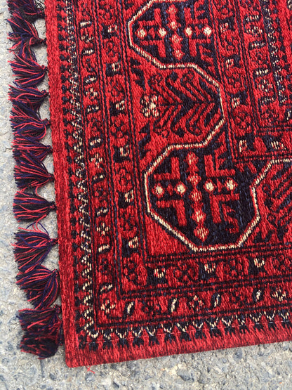 Red Afghan Rug: Traditional Bukhara Oriental Chenille Rug (3.9 x 5.9 FT)