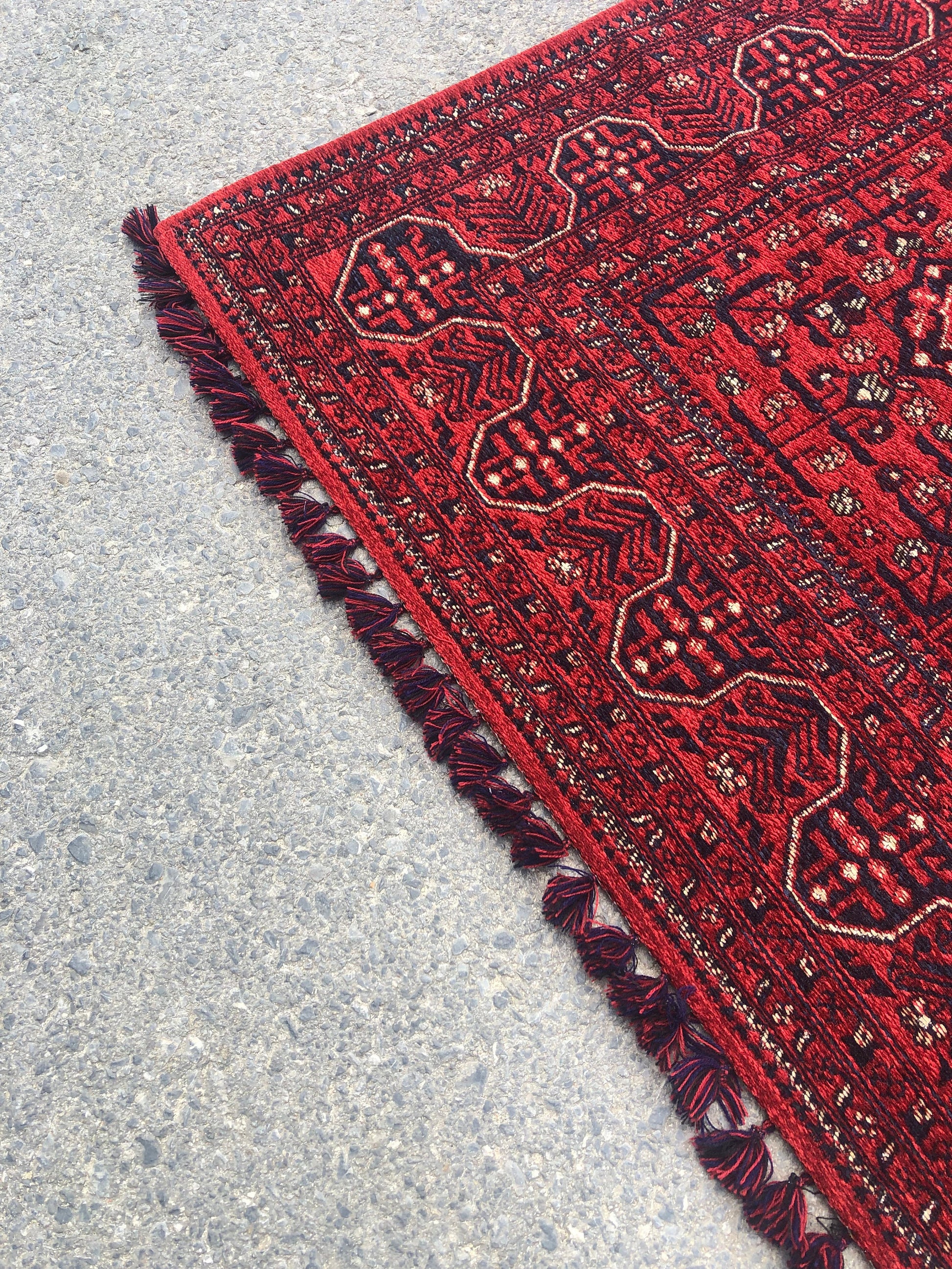 Red Afghan Rug: Traditional Bukhara Oriental Chenille Rug (3.9 x 5.9 FT)
