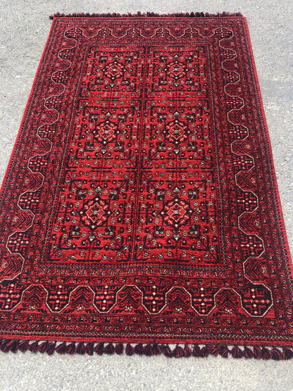 Red Afghan Rug: Traditional Bukhara Oriental Chenille Rug (3.9 x 5.9 FT)