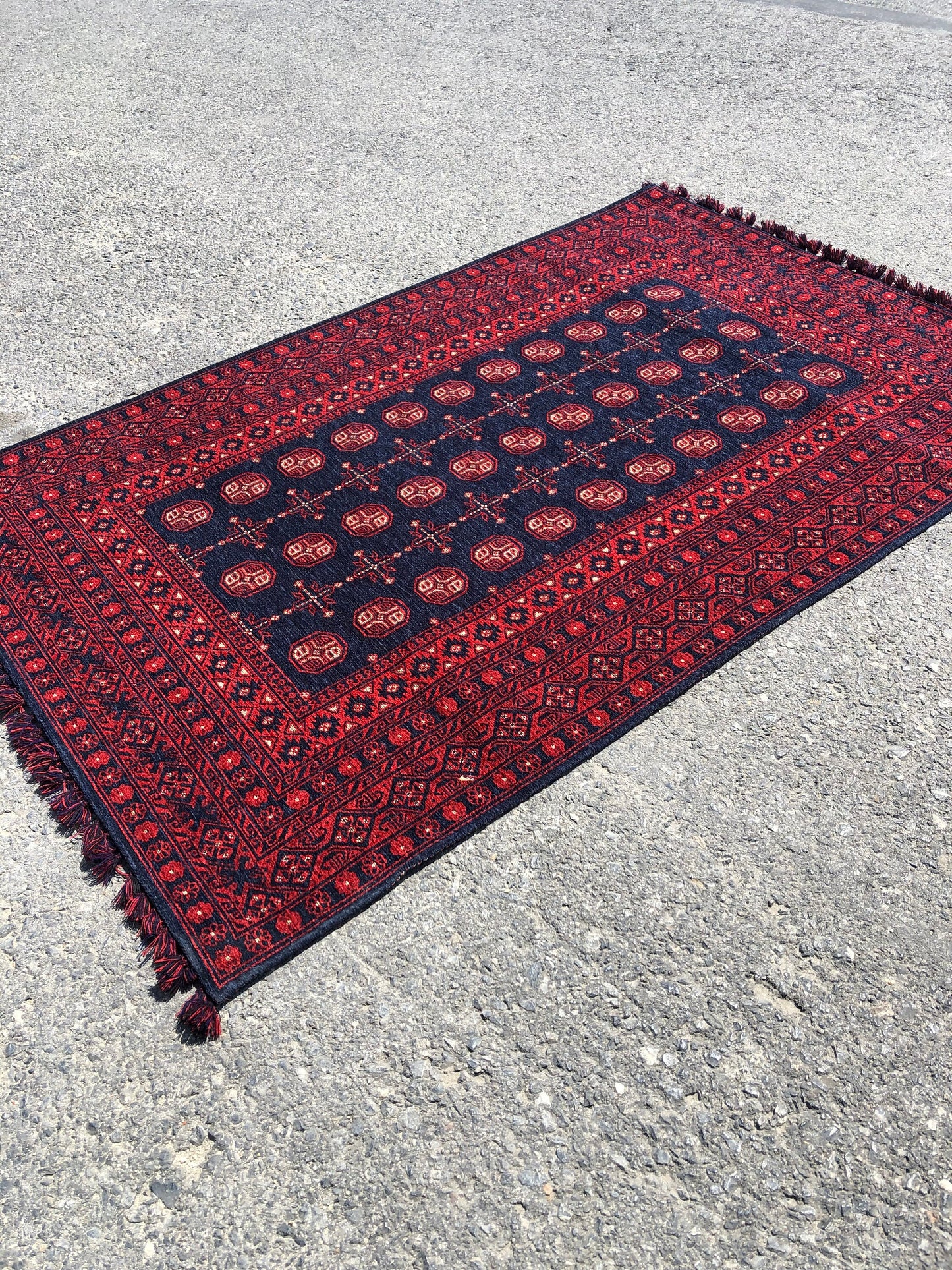 Red Afghan Rug: Traditional Bukhara Oriental Chenille Rug (3.9 x 5.9 ft)