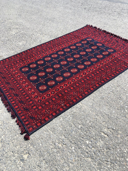Red Afghan Rug: Traditional Bukhara Oriental Chenille Rug (3.9 x 5.9 ft)