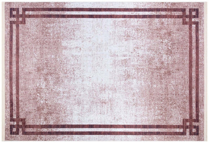 Distressed Greek Key Border Rug – Washable Terracotta Cream Faded Antique Carpet