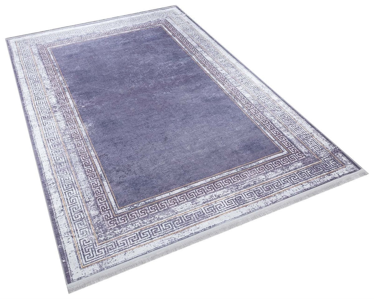 Distressed Lavender Area Rug | Greek Key Border, Vintage Style, Low Pile Carpet