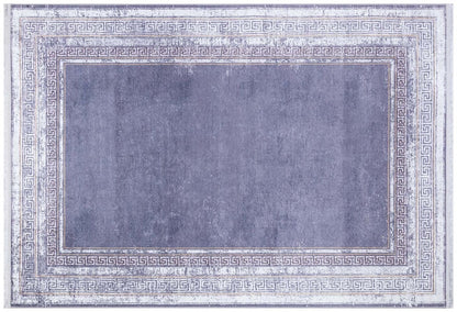 Distressed Lavender Area Rug | Greek Key Border, Vintage Style, Low Pile Carpet
