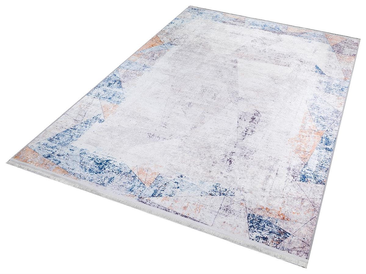 Distressed Abstract Geometric Area Rug – Blue Terracotta Boho Living Room Carpet