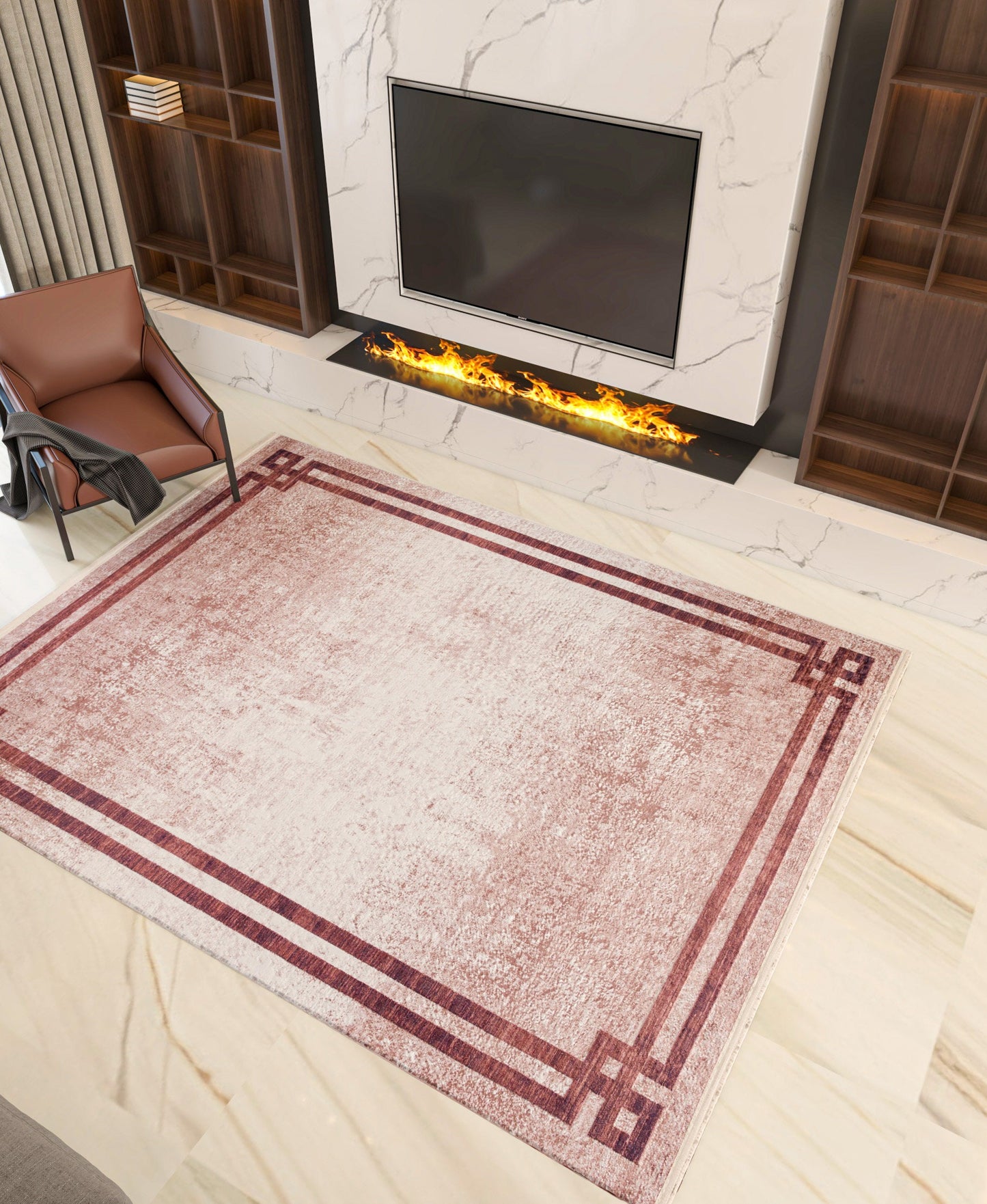Distressed Greek Key Border Rug – Washable Terracotta Cream Faded Antique Carpet