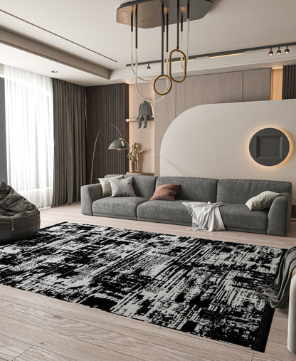 Modern Abstract Runner Rug – Black White Distressed Geometric Texture Scandi Style Mat