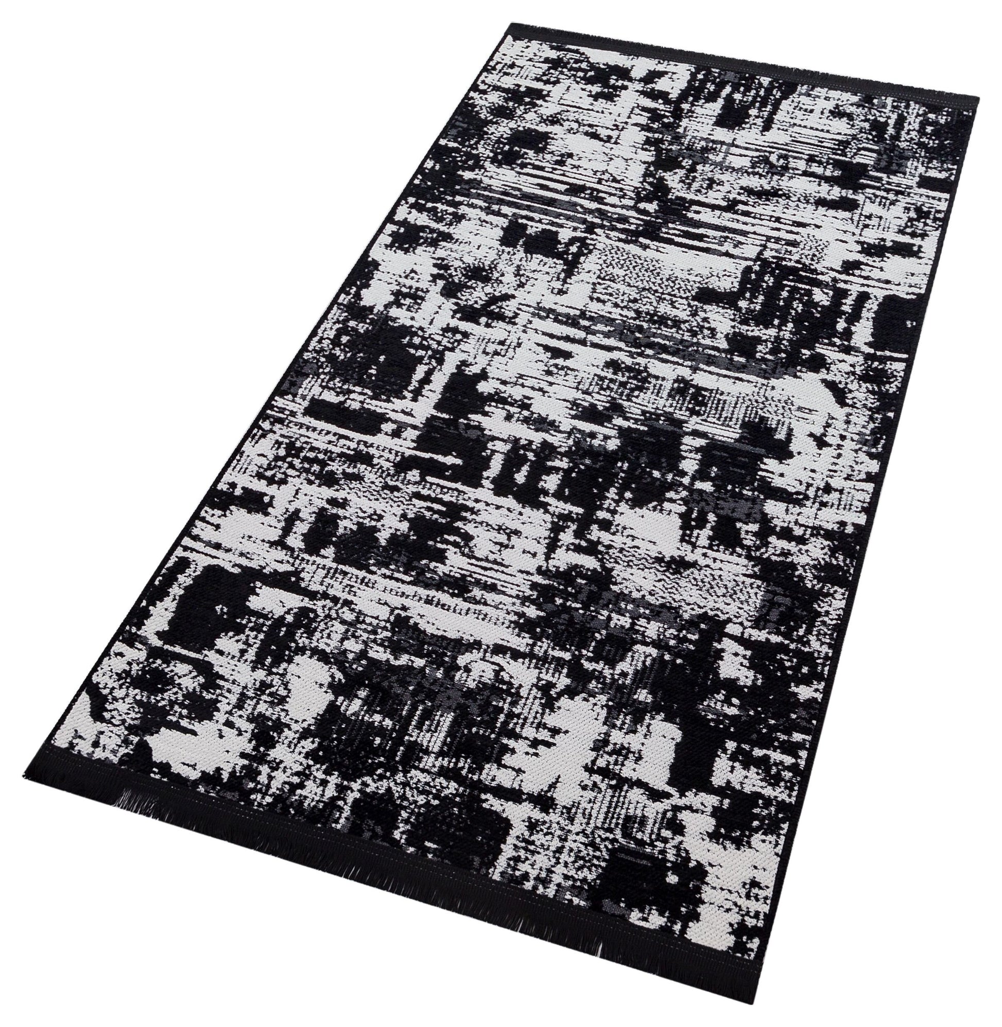 Modern Abstract Runner Rug – Black White Distressed Geometric Texture Scandi Style Mat