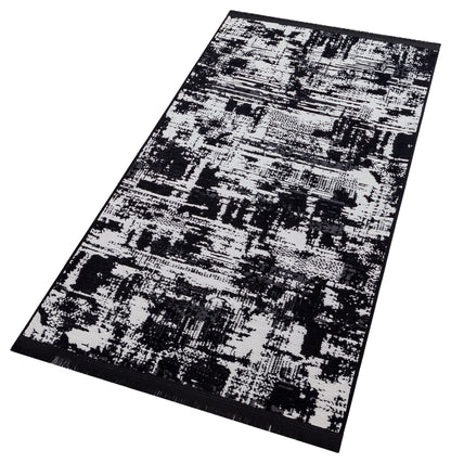 Modern Abstract Runner Rug – Black White Distressed Geometric Texture Scandi Style Mat