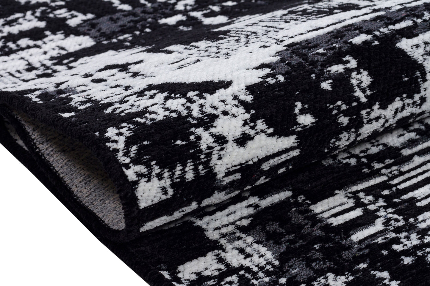 Modern Abstract Runner Rug – Black White Distressed Geometric Texture Scandi Style Mat
