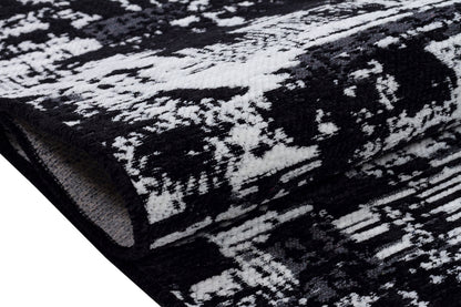 Modern Abstract Runner Rug – Black White Distressed Geometric Texture Scandi Style Mat