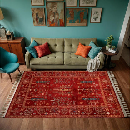 Red Vintage Rug: Classic Washable Rug with Tassels