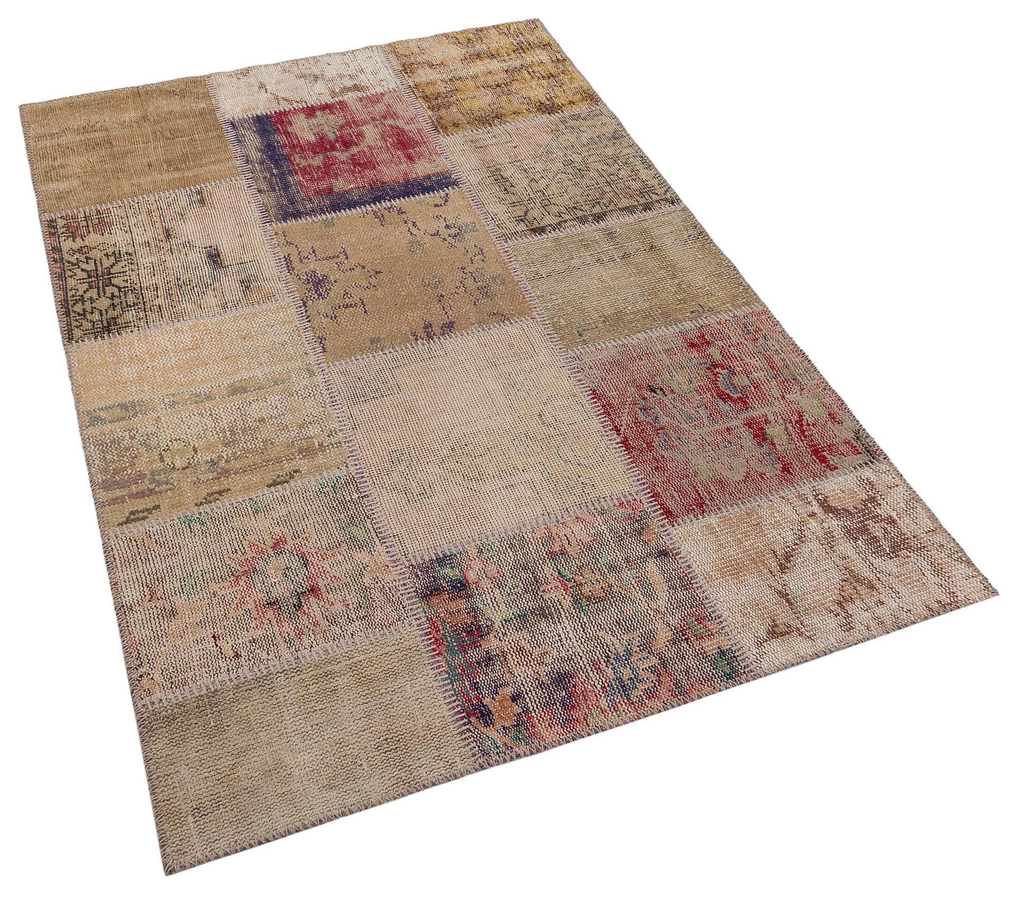 Handmade Wool Turkish Patchwork Rug: Vintage Bohemian Area Rug (4x6)