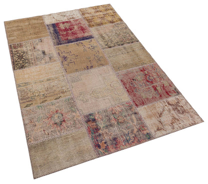 Handmade Wool Turkish Patchwork Rug: Vintage Bohemian Area Rug (4x6)