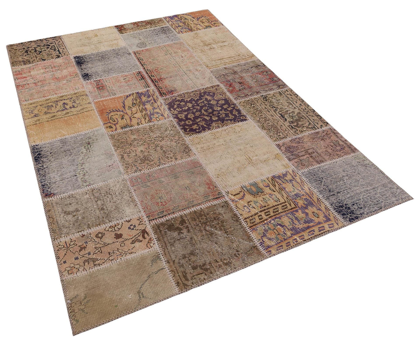 Handmade Wool Turkish Patchwork Rug: Vintage Bohemian Area Rug (5x8)