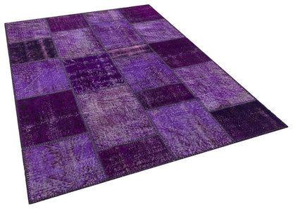 Handmade Wool Turkish Patchwork Rug: Purple Vintage Carpet (5.6x8)