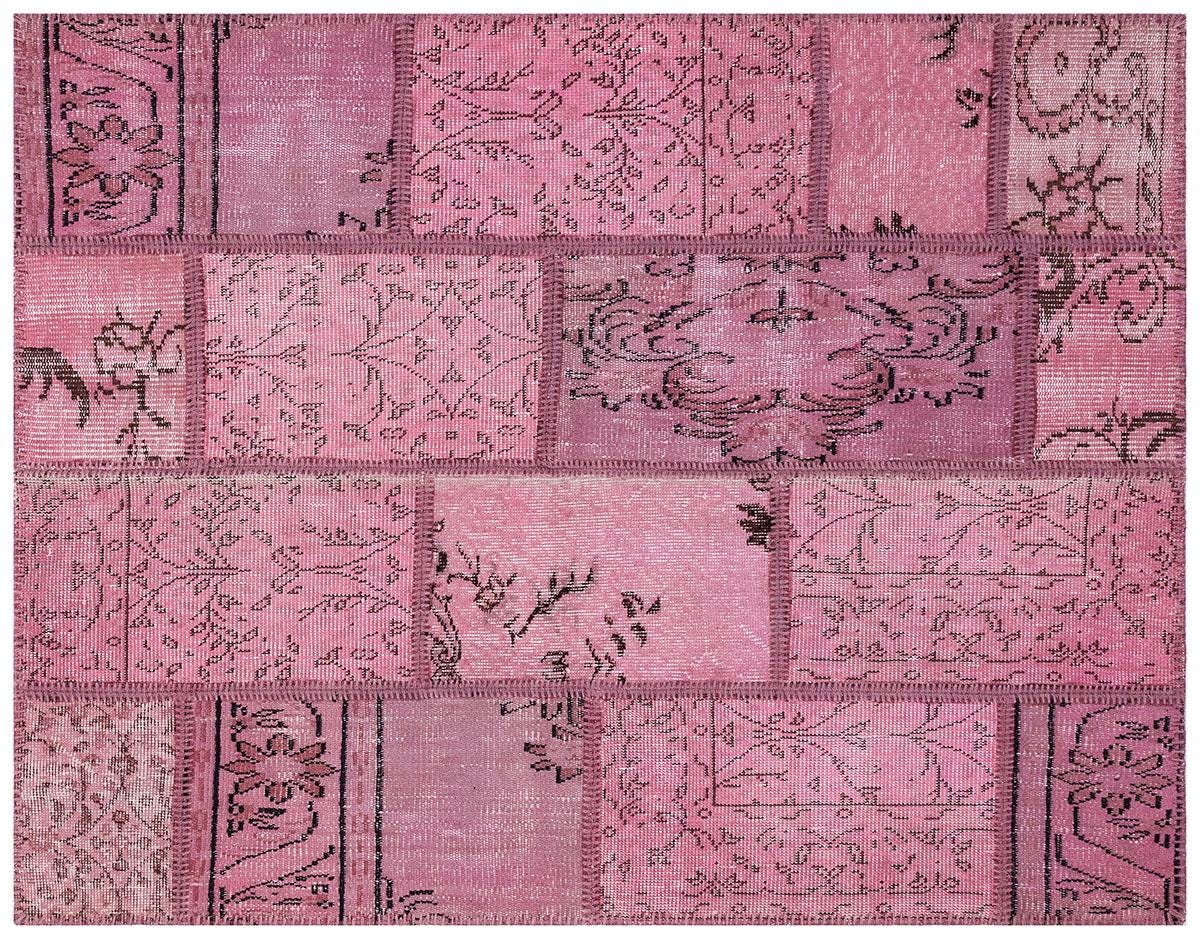 Handmade Wool Turkish Patchwork Rug: Vintage Pink Bohemian Area Rug (4.2x5.4)