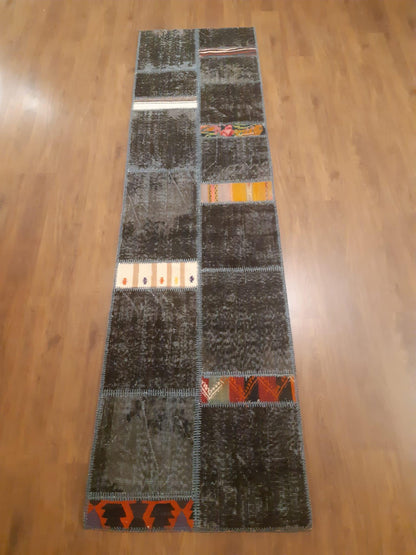 2.6x9.8, Handmade Wool Turkish Patchwork Rug – Vintage, Bohemian, One-of-a-Kind Area Rug