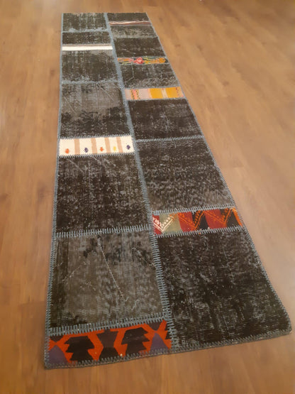 2.6x9.8, Handmade Wool Turkish Patchwork Rug – Vintage, Bohemian, One-of-a-Kind Area Rug