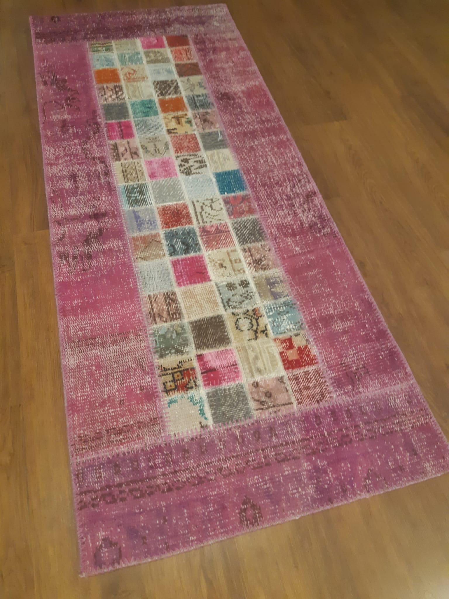 Handmade Wool Turkish Patchwork Rug: Pink Bohemian Vintage Area Rug
