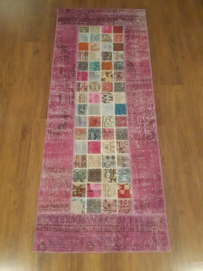 Handmade Wool Turkish Patchwork Rug: Pink Bohemian Vintage Area Rug