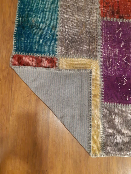 Handmade Patchwork Wool Runner Rug: Bohemian Turkish Rug (3.1x6.5 ft)