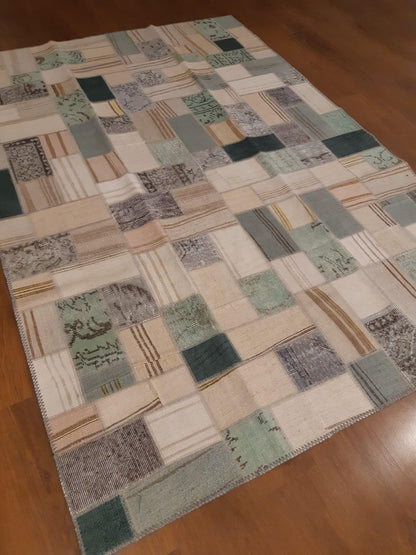 5.6x8, Handmade Wool Turkish Patchwork Rug – Vintage, Bohemian, One-of-a-Kind Area Rug