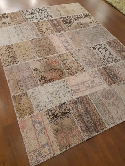5x8, Handmade Wool Turkish Patchwork Rug – Vintage, Bohemian, One-of-a-Kind Area Rug