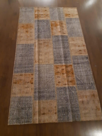 4.3x7.9, Handmade Wool Turkish Patchwork Rug – Vintage, Bohemian, One-of-a-Kind Area Rug