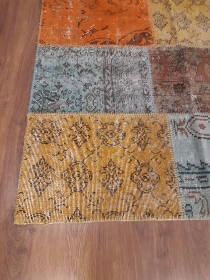 4.3x8.9, Handmade Wool Turkish Patchwork Rug – Vintage, Bohemian, One-of-a-Kind Area Rug