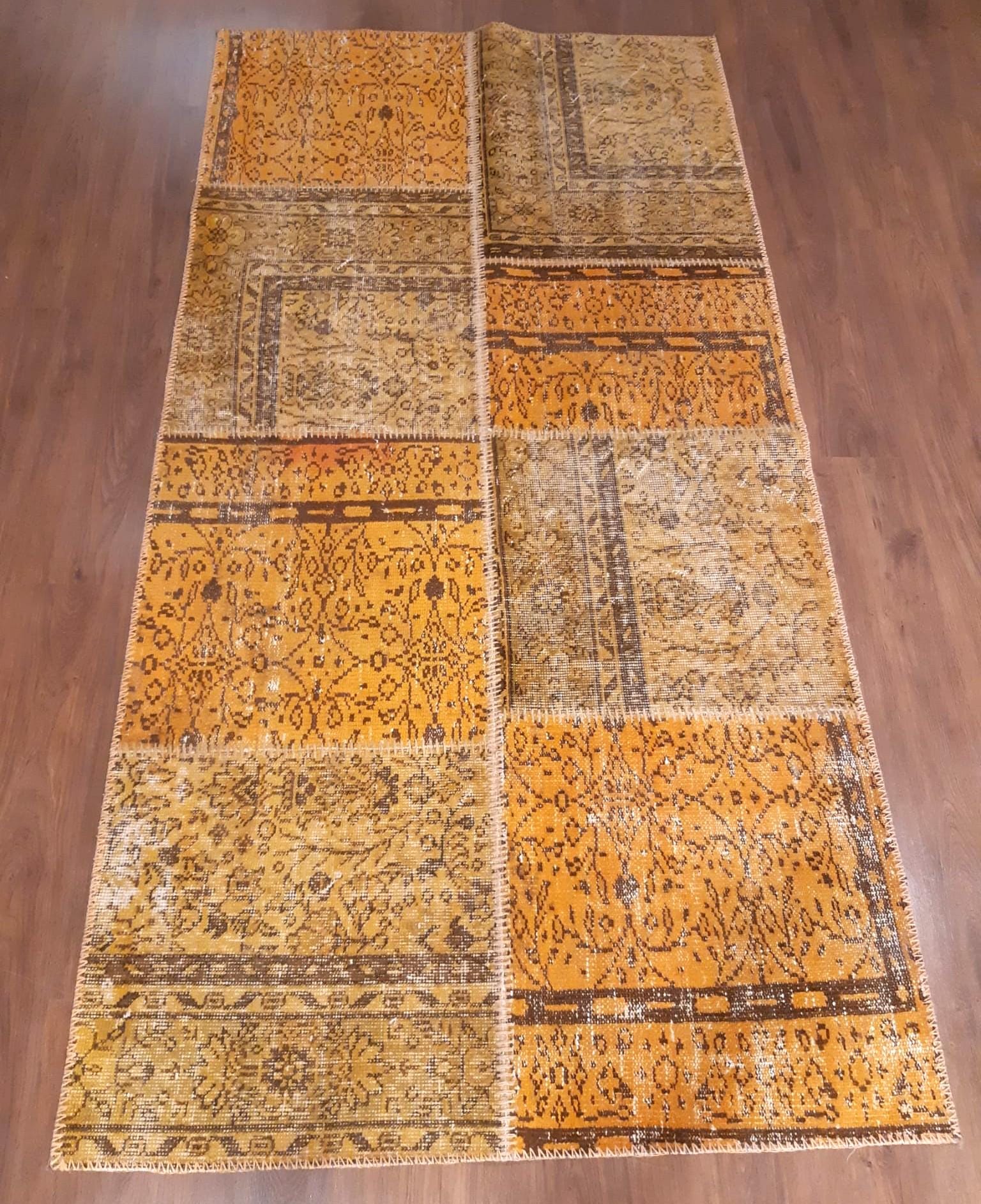 3.8x7.6, Handmade Wool Turkish Patchwork Rug – Vintage, Bohemian, One-of-a-Kind Area Rug