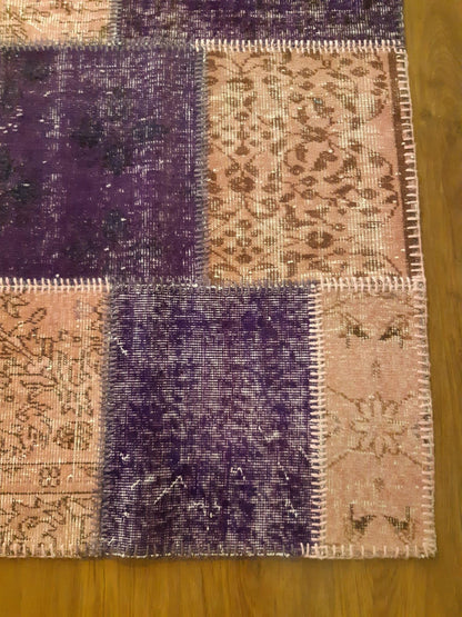 Handmade Purple Patchwork Wool Rug: Bohemian Turkish Rug (4.5'x6.6' ft)