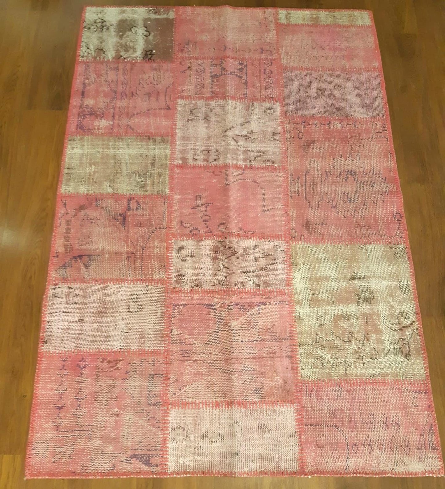 Pink Patchwork Rug: 4x6 ft, Handmade Wool Bohemian Area Rug
