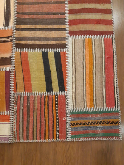 4x6, Handmade Wool Turkish Patchwork Rug – Vintage, Bohemian, One-of-a-Kind Area Rug