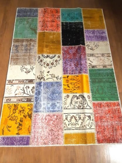 4.6x6.6, Handmade Wool Turkish Patchwork Rug – Vintage, Bohemian, One-of-a-Kind Area Rug