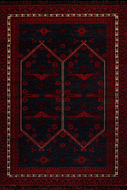 Red & Blue Afghan Rug: Washable Farmhouse Bohemian Decor (3.9 x 5.9 FT)