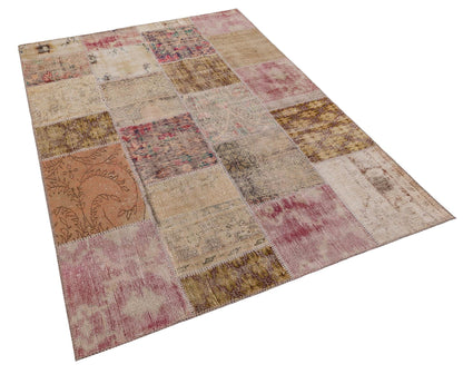 5x8 Handmade Wool Turkish Patchwork Rug: Vintage Bohemian Area Rug
