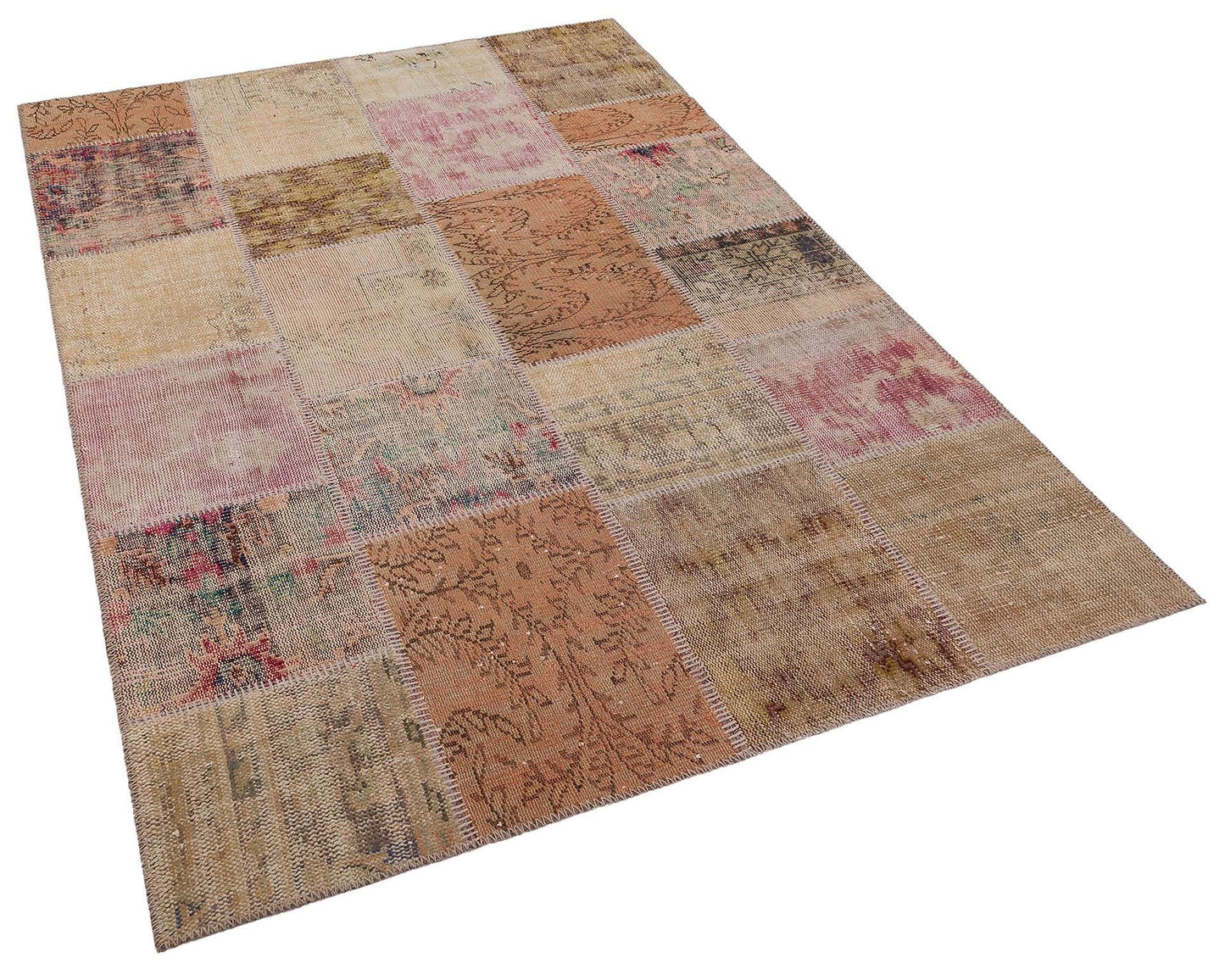 Handmade Wool Turkish Patchwork Rug: Vintage Bohemian Area Rug (5x8)