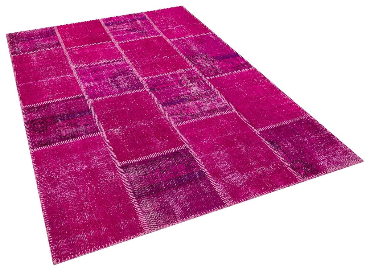 Handmade Wool Turkish Patchwork Rug: Vintage Pink Bohemian Area Rug (5.6x8)