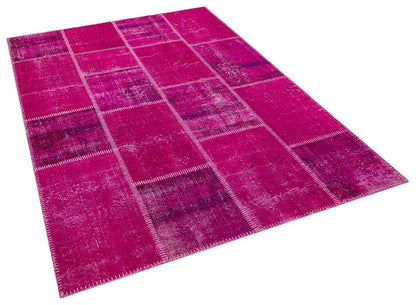 Handmade Wool Turkish Patchwork Rug: Vintage Pink Bohemian Area Rug (5.6x8)