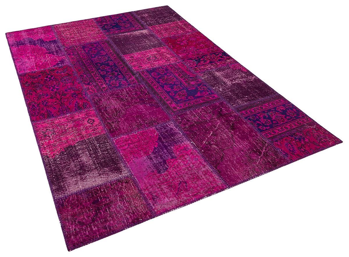 Handmade Wool Turkish Patchwork Rug: Vintage Purple Carpet (5.6x8)