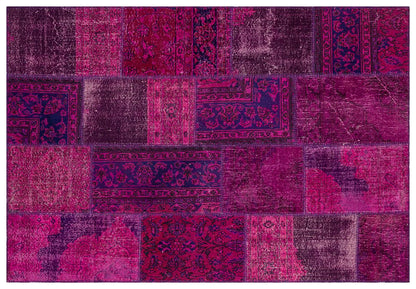 Handmade Wool Turkish Patchwork Rug: Vintage Purple Carpet (5.6x8)
