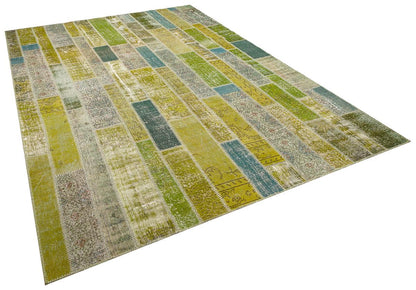 Handmade Wool Turkish Patchwork Rug: Green Vintage Area Rug (8.2x11.5)