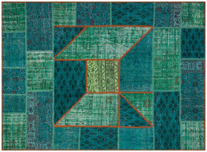 Handmade Wool Turkish Patchwork Rug: Vintage Green Area Rug (6x8)