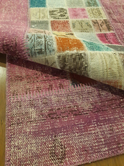 Handmade Wool Turkish Patchwork Rug: Pink Bohemian Vintage Area Rug